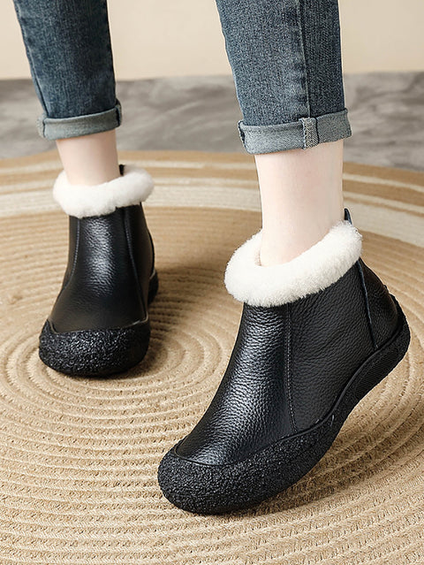 Chaussures plates décontractées en cuir avec doublure polaire pour femmes