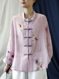 Thumbnail for Plus Size Women Vintage Flower Pink Spring Ramie Shirt Coat