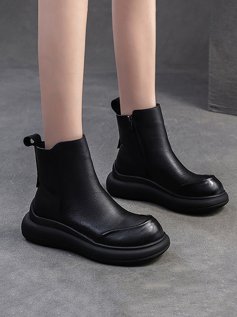 Botas femininas casuais de inverno com zíper de couro de salto médio