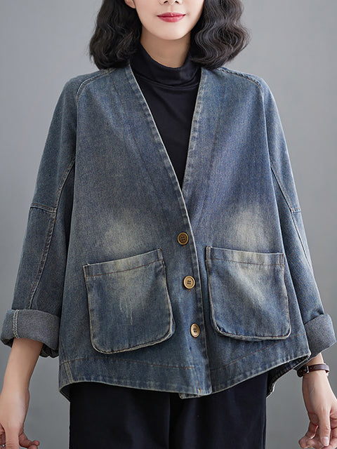 Cappotto corto da donna in denim primaverile lavato retrò