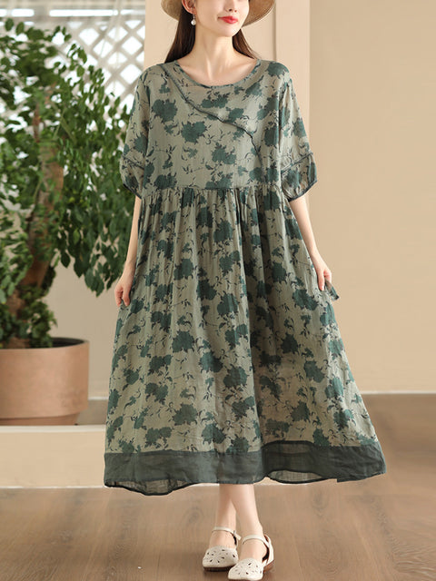 Dame Summer Vintage Flower Spleised Strap Ramie Dress