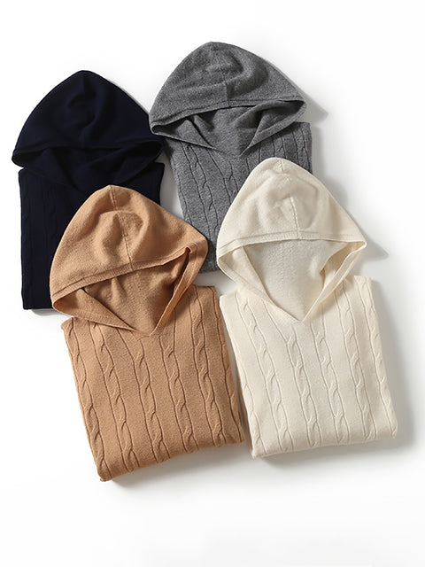 Dam Casual Vinter Solid Twist Hooded Wool Sweater