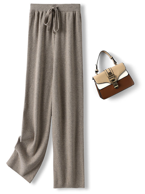 Women Autumn Casual Solid 100%Wool Knit Wide-leg Pants