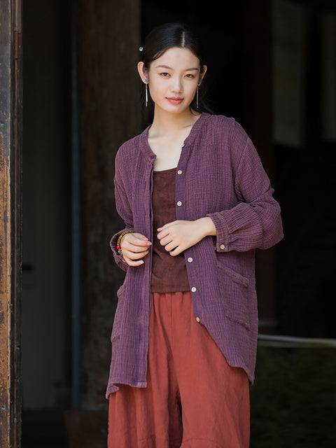 Women Vintage Autumn Solid Cotton O-Neck Shirt Coat