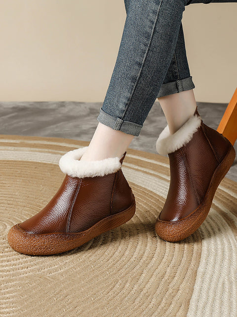 Women Casual Leather Spliced Fleece-lined Flat Shoes