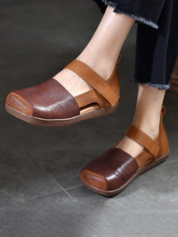 Thumbnail for Women Vintage Summer Leather Colorblock Flat Shoes