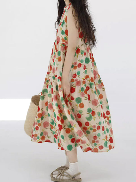 Vestido de talla grande con cuello redondo y plisado con flores bonitas de verano para mujer