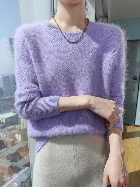 Women Autumn O-Neck Solid Rhomboids Wool Warm Knit Sweater