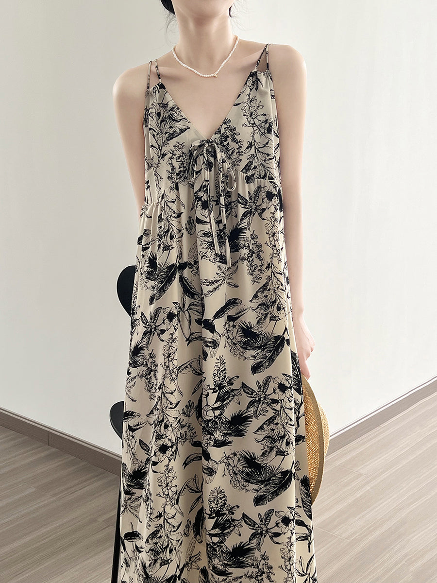 Women Summer Artsy Floral Ink-print Vest Dress