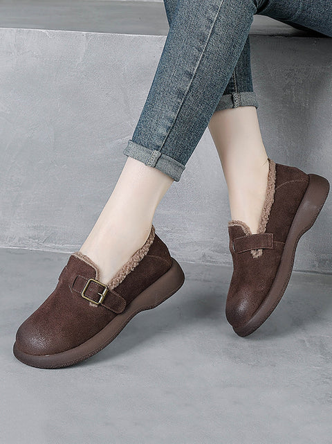 Women Vintage Winter Leather Fleece-lined Mid Heel Shoes