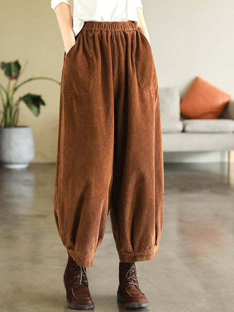 Plus Size Dame Vintage Corduroy Pure Color Loose Harem Pants