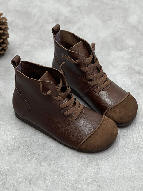 Damen Winter Vintage Leder Kordelzug Spleißen Stiefeletten