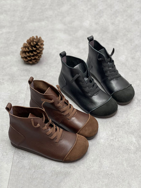 Damen Winter Vintage Leder Kordelzug Spleißen Stiefeletten