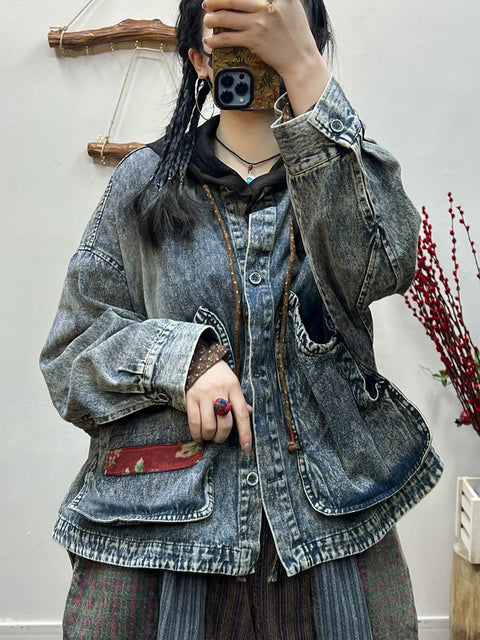 Cappotto in denim con tasca a toppa irregolare retrò da donna primaverile