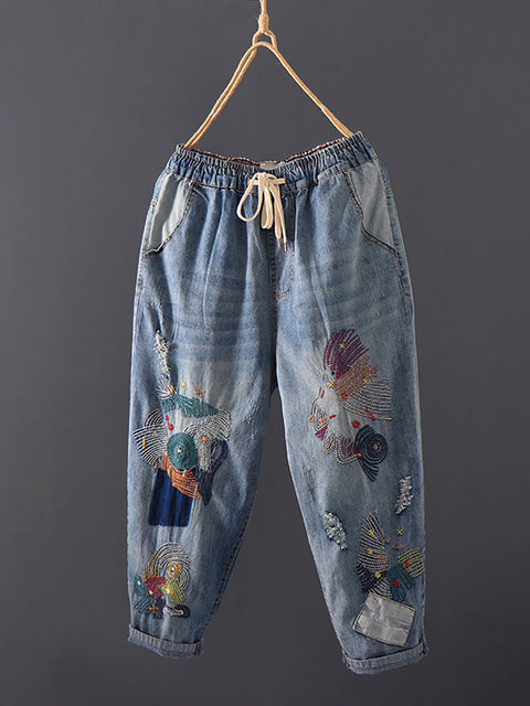 Kvinner Sommer Vintage Stitching Pocket Denim Harem Pants