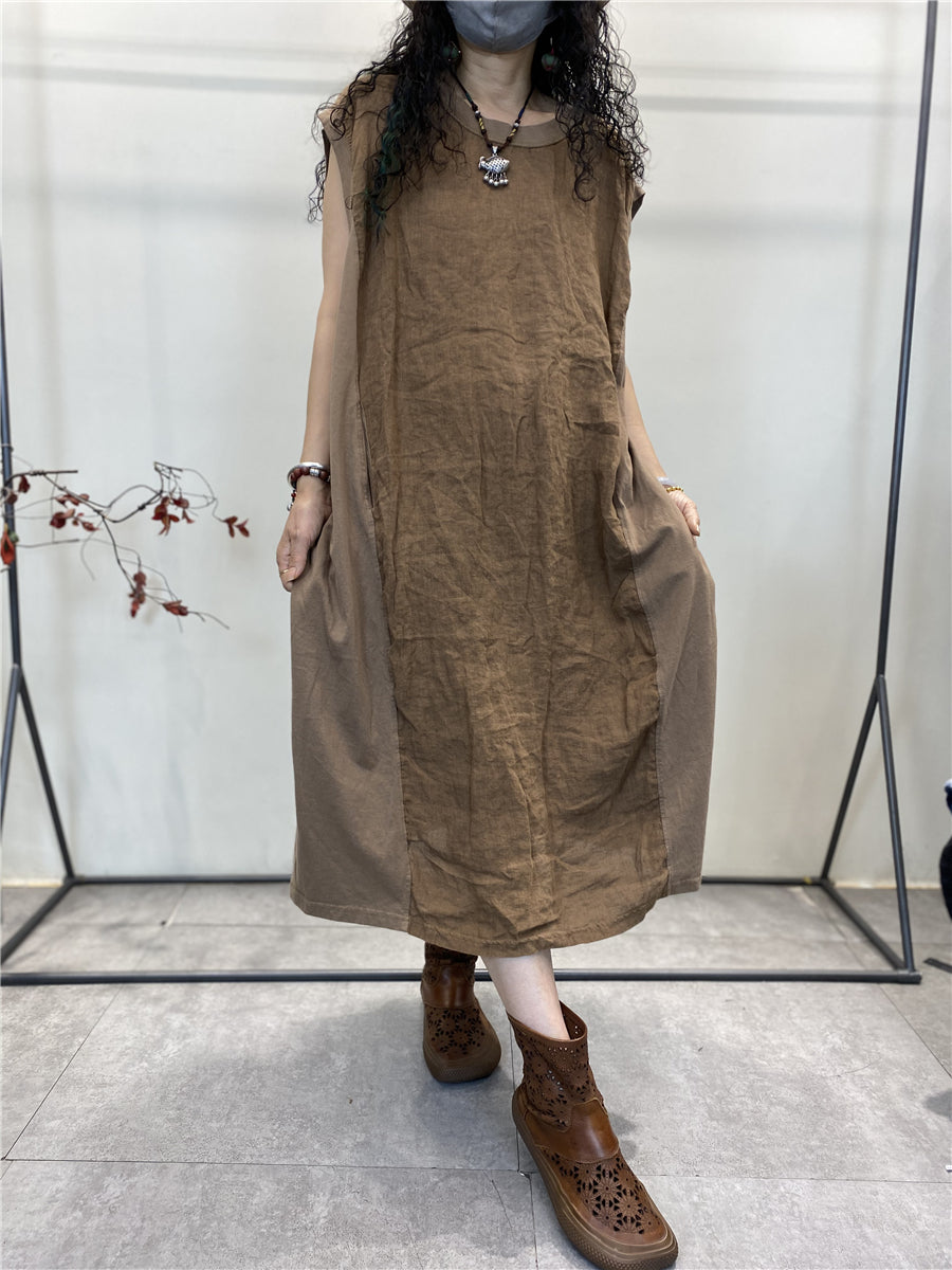 Plus Size Women Summer Vintage Spliced Loose Cotton Vest Dress