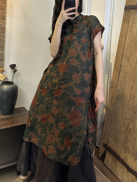 Plus Stærð Kvenna Sumar Vintage Blóma Split Hem Ramie Robe Dress