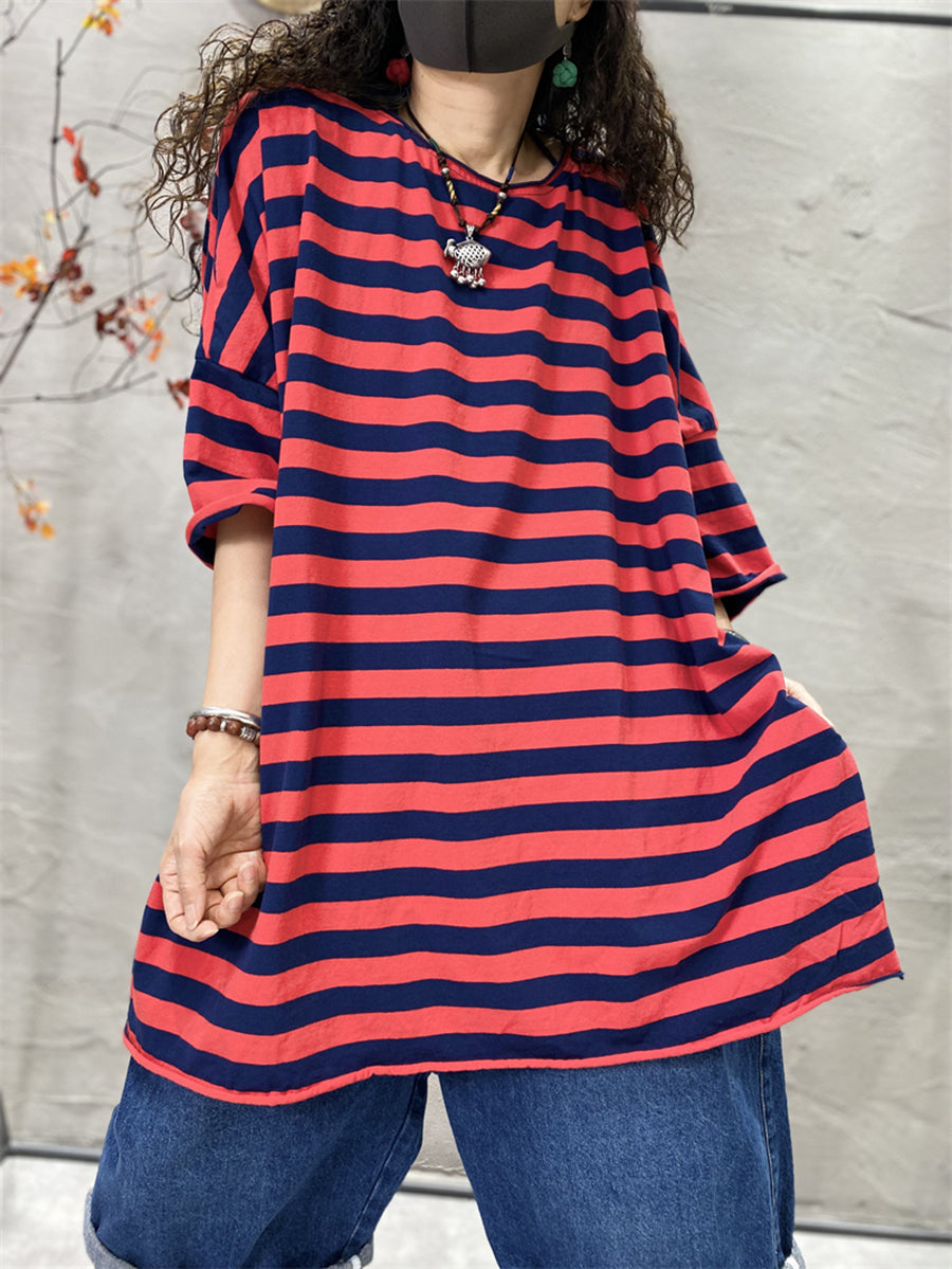 Plus Size Mulheres Casual Stripe Split Hem O-Neck Loose Shirt