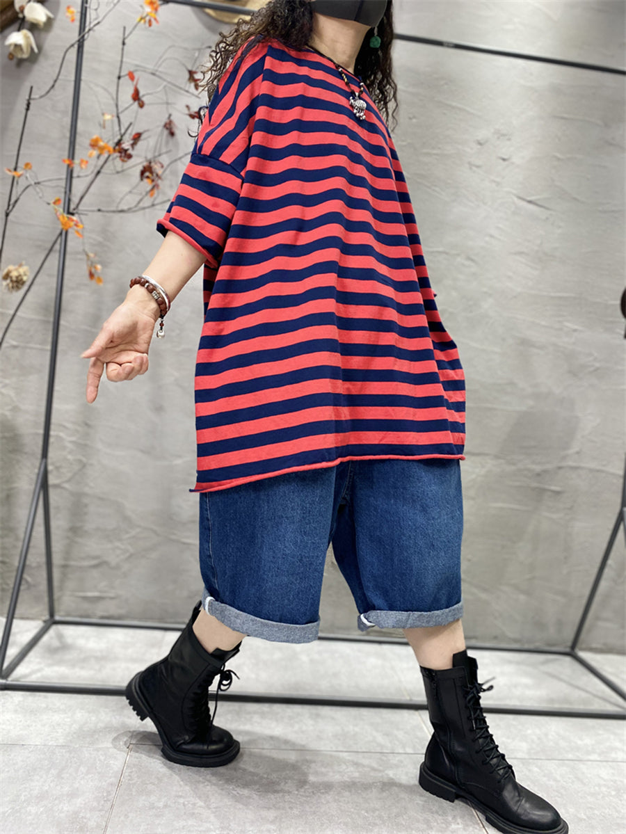 Plus Size Mulheres Casual Stripe Split Hem O-Neck Loose Shirt