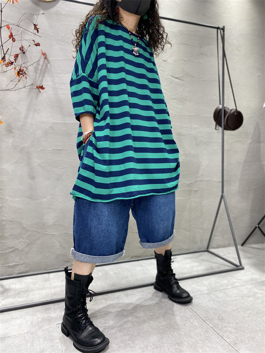 Plus Size Mulheres Casual Stripe Split Hem O-Neck Loose Shirt