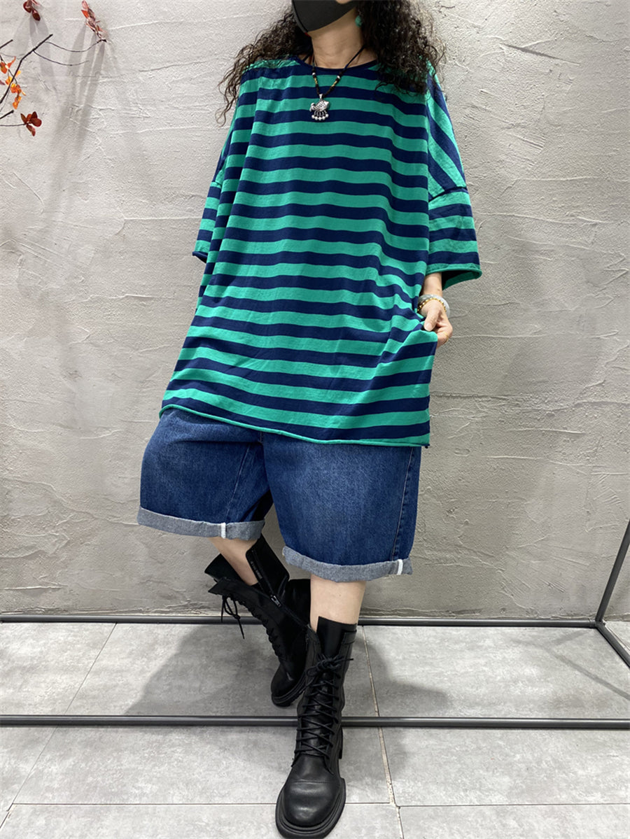 Plus Size Mulheres Casual Stripe Split Hem O-Neck Loose Shirt