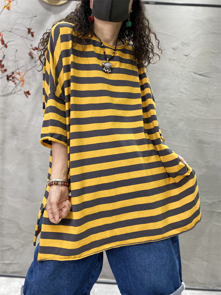 Plus Size Mulheres Casual Stripe Split Hem O-Neck Loose Shirt