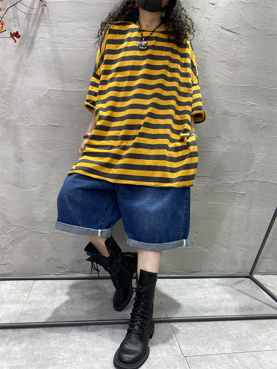 Plus Size Mulheres Casual Stripe Split Hem O-Neck Loose Shirt