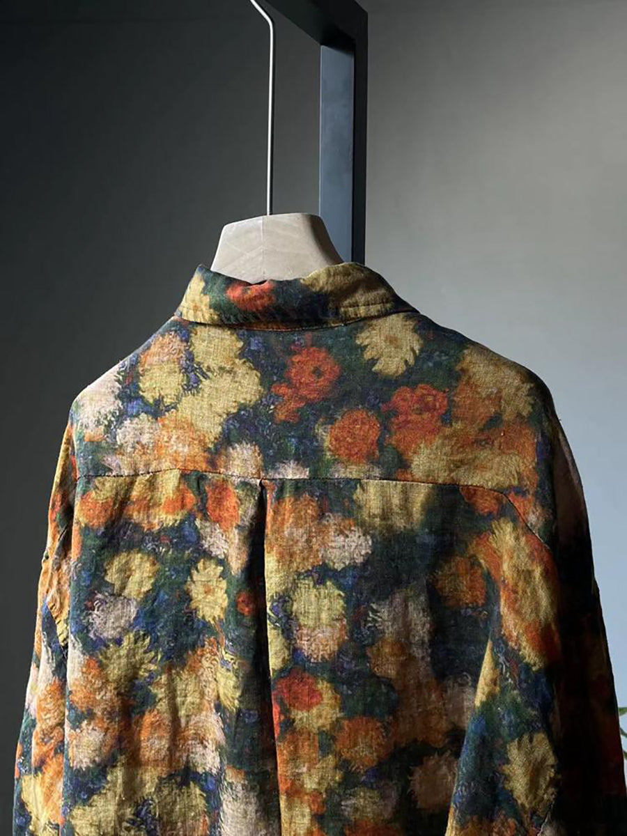 Plus Size Mulheres Verão Vintage Floral Cardigan Linho Camisa