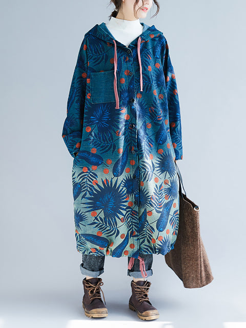 Women Artsy Leaf Gradual Print Denim Hooded Long Coat