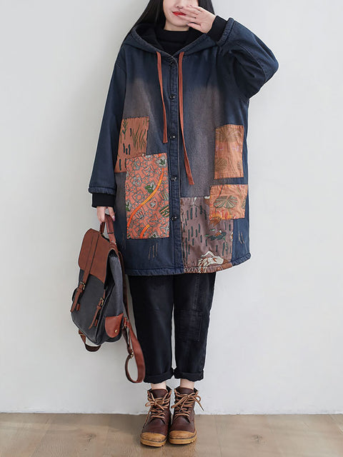 Kvinnor Vintage Splits Denim Hooded Vadderad Coat