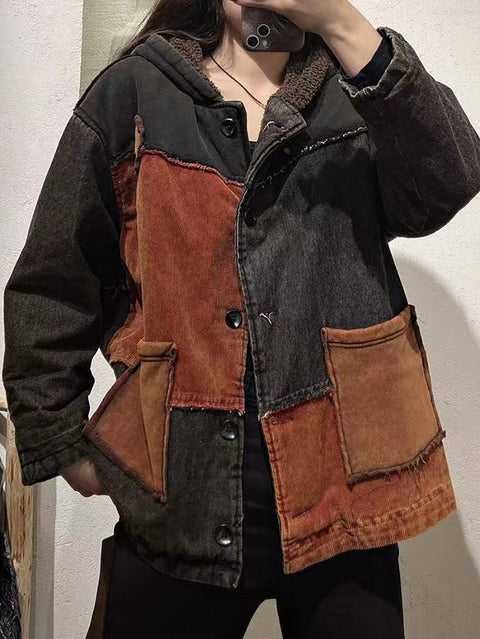 Manteau à capuche doublé en polaire de coton avec patch vintage pour femme