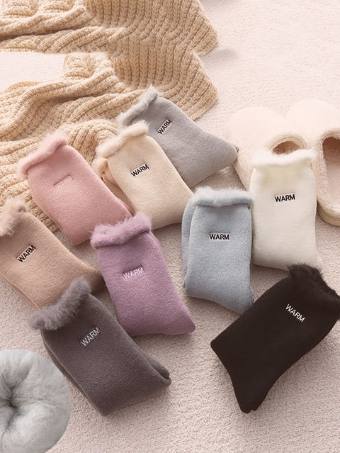 5 Pairs Women Winter Solid Cotton Fleece-lined Socks