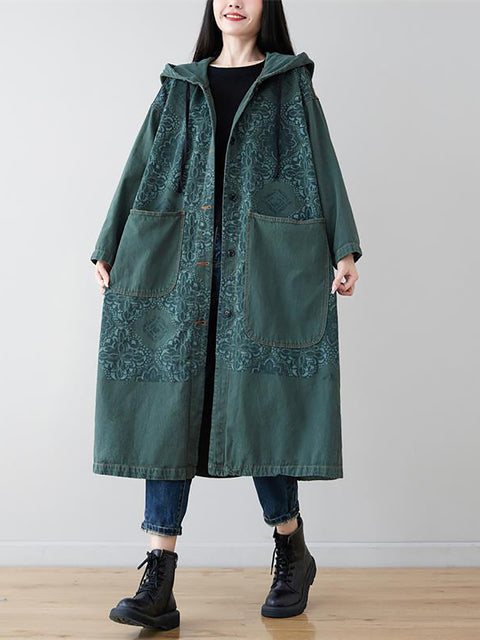 Kvinder Artsy Flower Splejset Lang Denim Hooded Coat