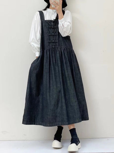 Women Spring Vintage Buckle Denim Vest Dress