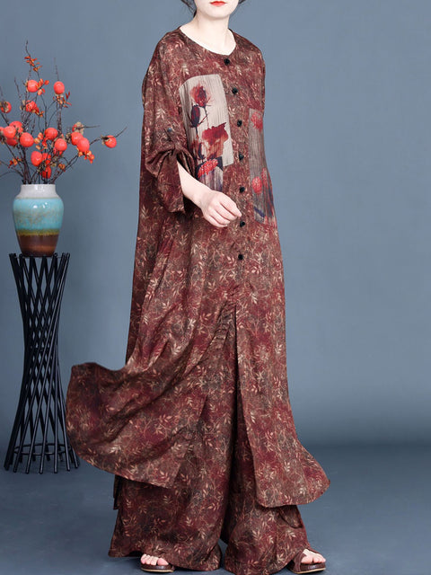 Kvenna Vintage Spring Floral Spliced Skyrta+Wide Leg Buxur