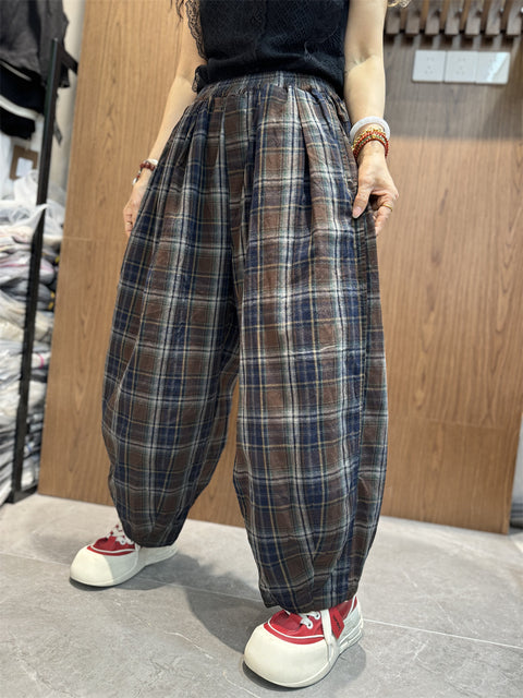 Women Vintage Summer Plaid Cotton Linen Harem Pants