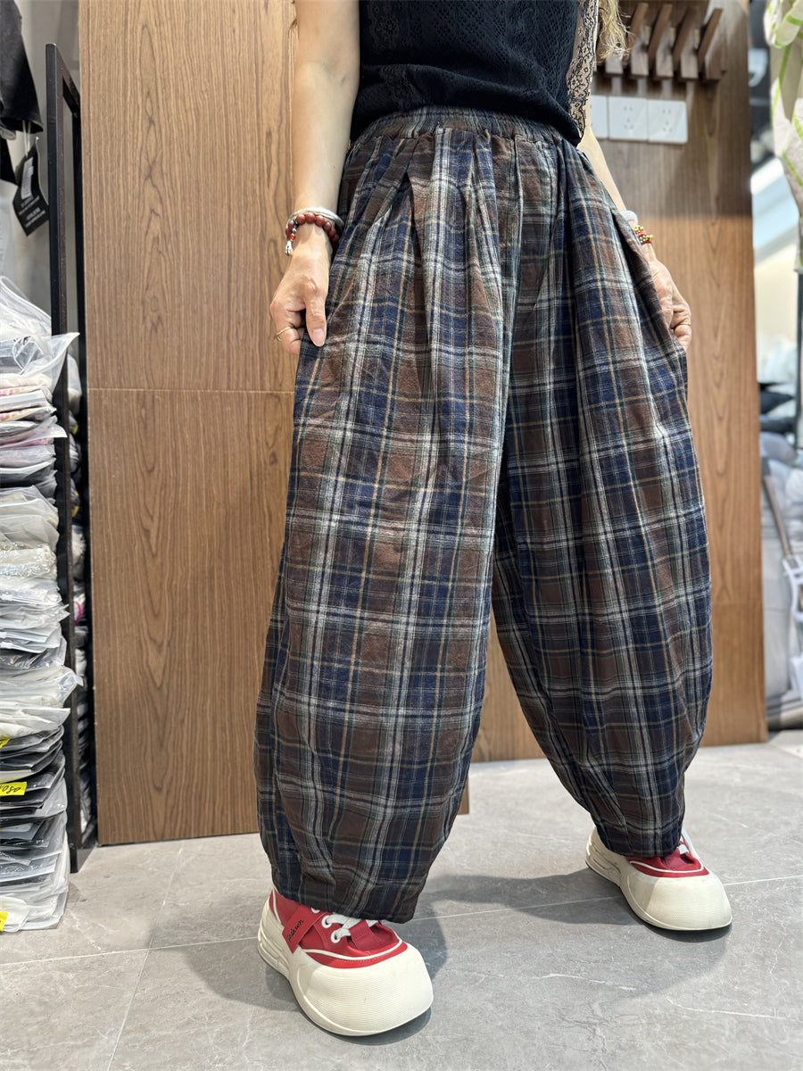 Women Vintage Summer Plaid Cotton Linen Harem Pants