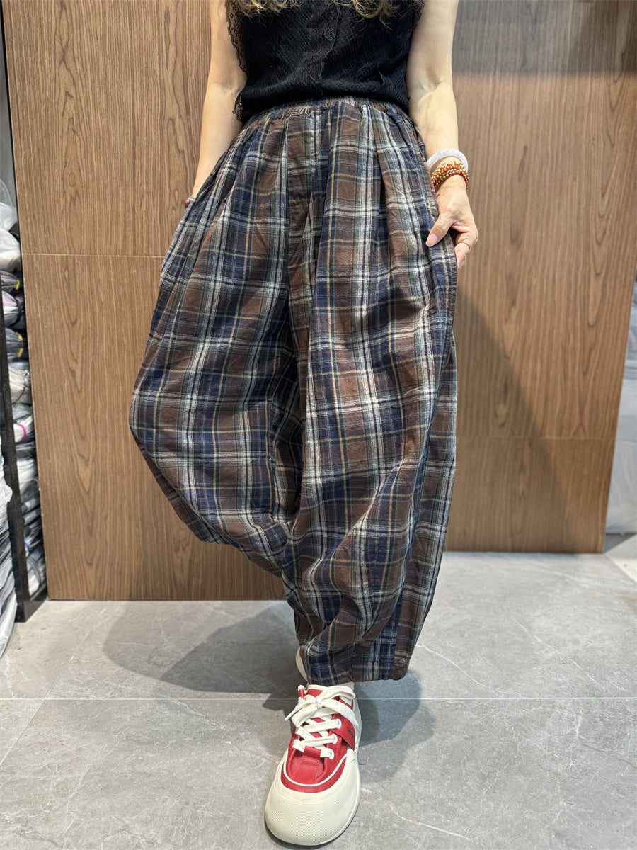 Women Vintage Summer Plaid Cotton Linen Harem Pants