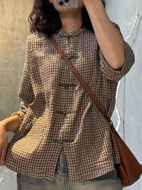 Thumbnail for Plus Size Women Retro Plaid Summer Cotton Button-up Shirt