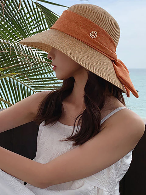 Vrouwen Zomer Stro Colorblock Zonwerende Reishoed