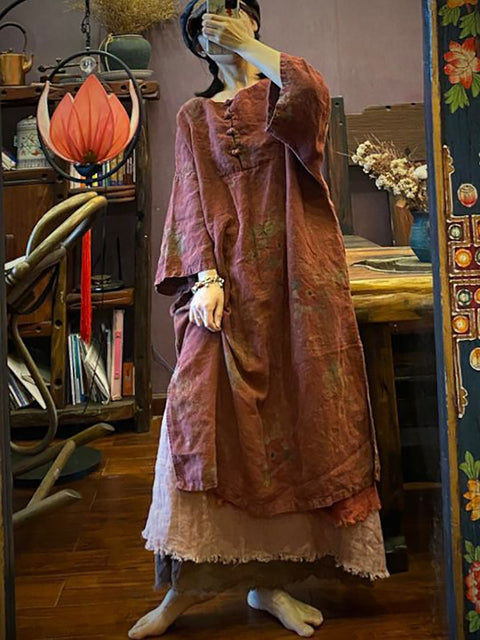 Robe d'été vintage à fleurs et col rond pour femme avec boutons en ramie