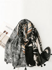 Thumbnail for Women Flower Leopard Print Spliced Tassel Scarf