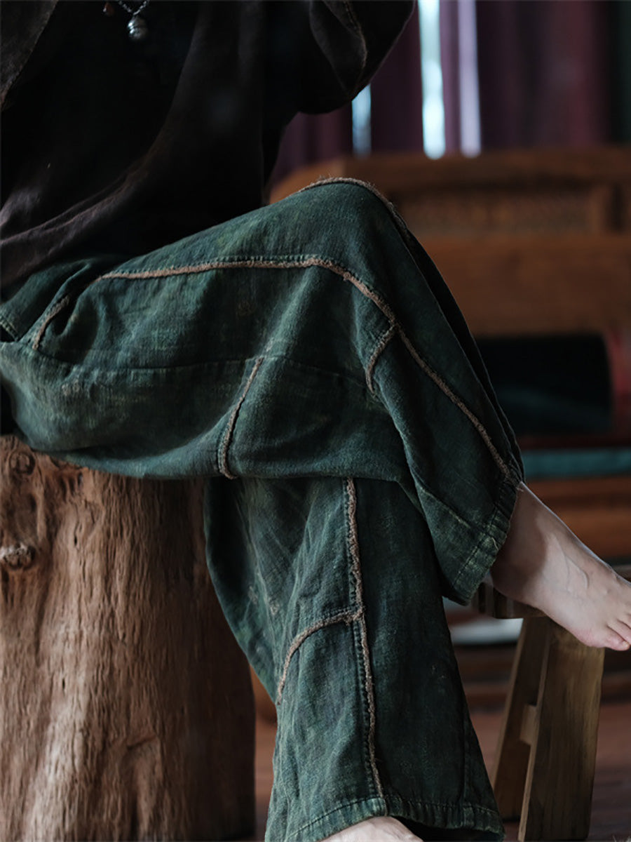 Pantalon d'été en coton à jambes larges et épissées rétro pour femmes