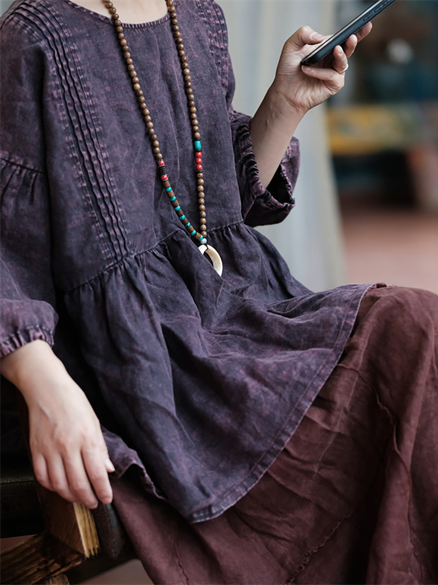 Chemise froncée à col rond rétro d'été pour femme