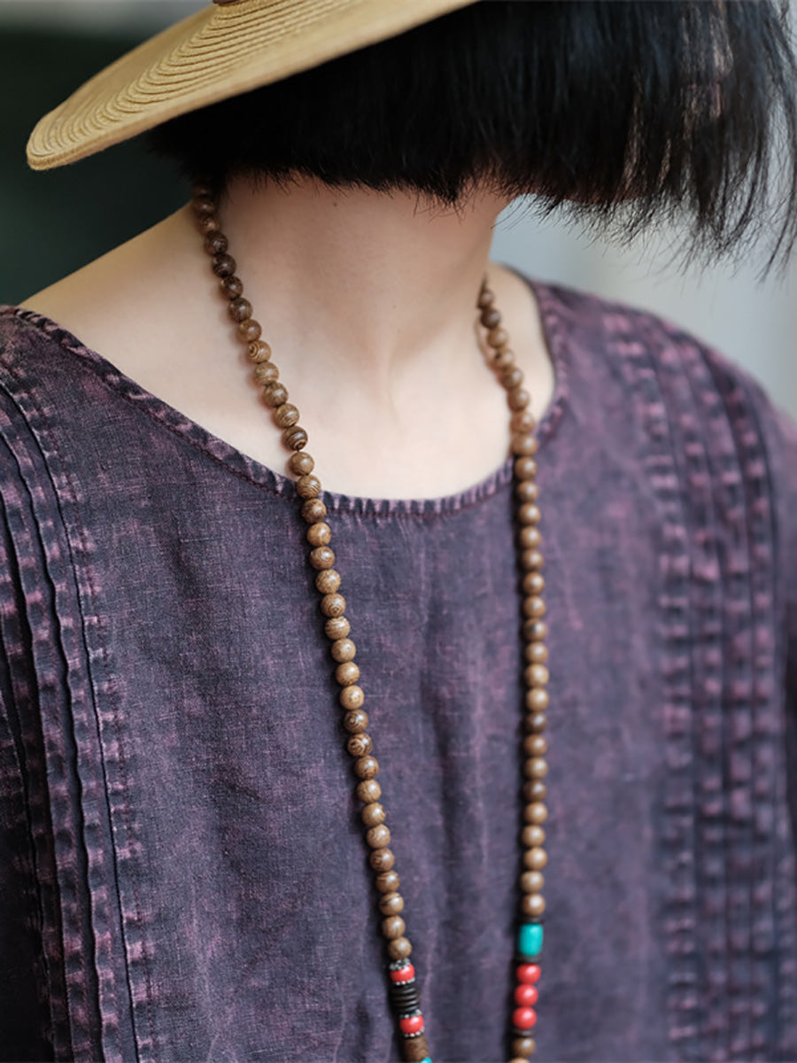 Chemise froncée à col rond rétro d'été pour femme