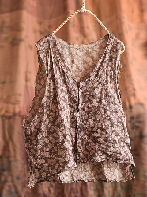 Vrouwen Artistiek Bloemen Zomer Ramie V-hals Vest