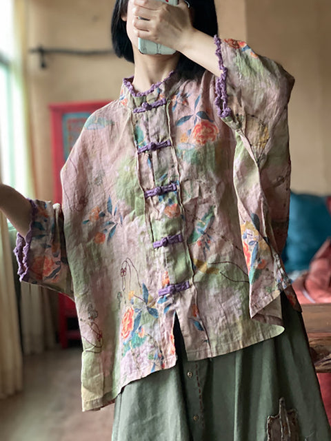 Chemise d'été en lin à boutons et fleurs ethniques pour femmes