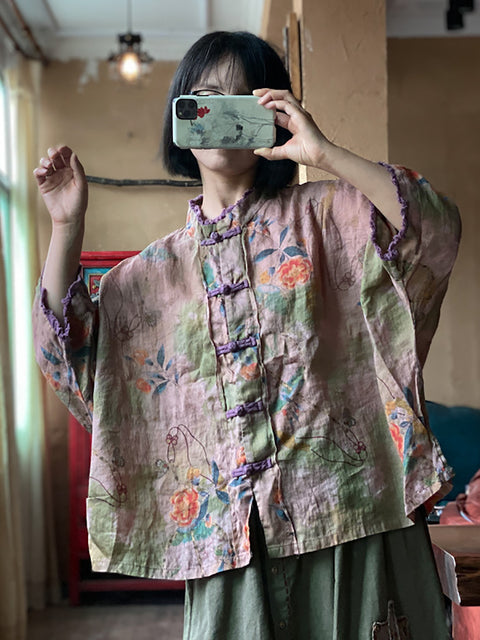 Chemise d'été en lin à boutons et fleurs ethniques pour femmes