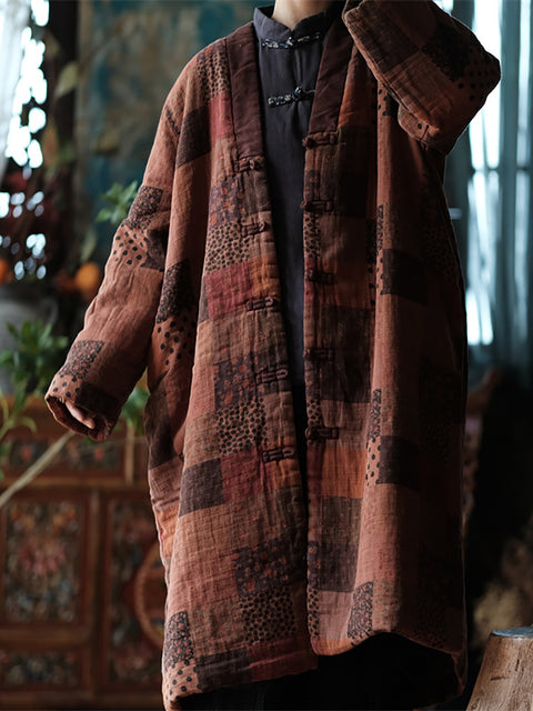 Konur Vetrarþjóðernisblóma Plaid Print 100% Cotton Coat