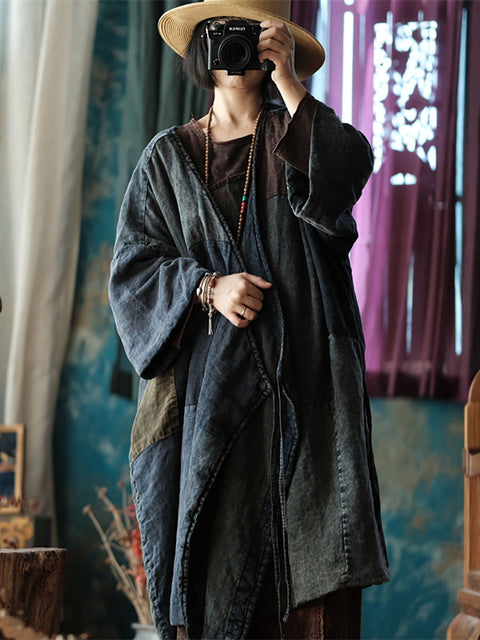 Women Autumn Spliced Strap V-Neck Linen Long Coat